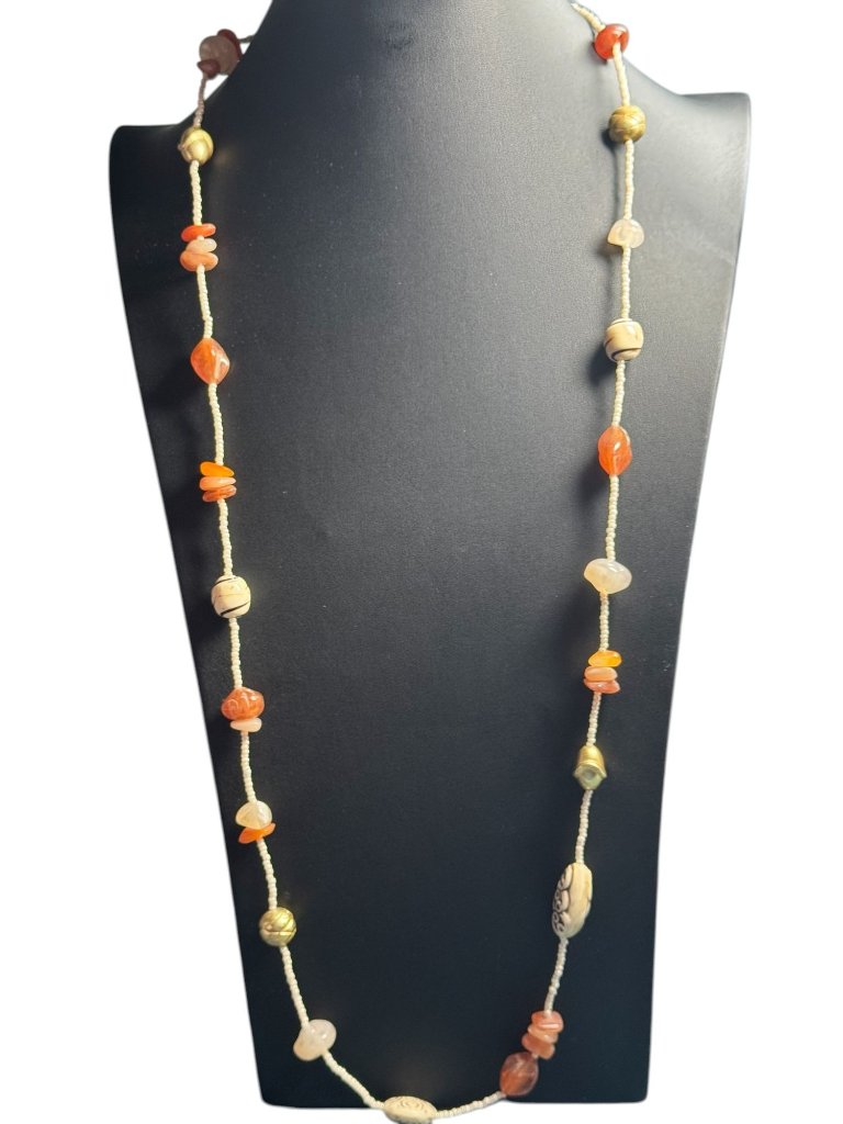 Handmade Beaded Necklace With Natural Stones Carved Accents - Earthy Boho Jewe 17$